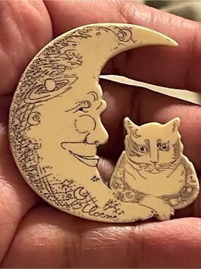 Cloene Moon & Cat Brooch - Whimsical Celestial Cat Pin